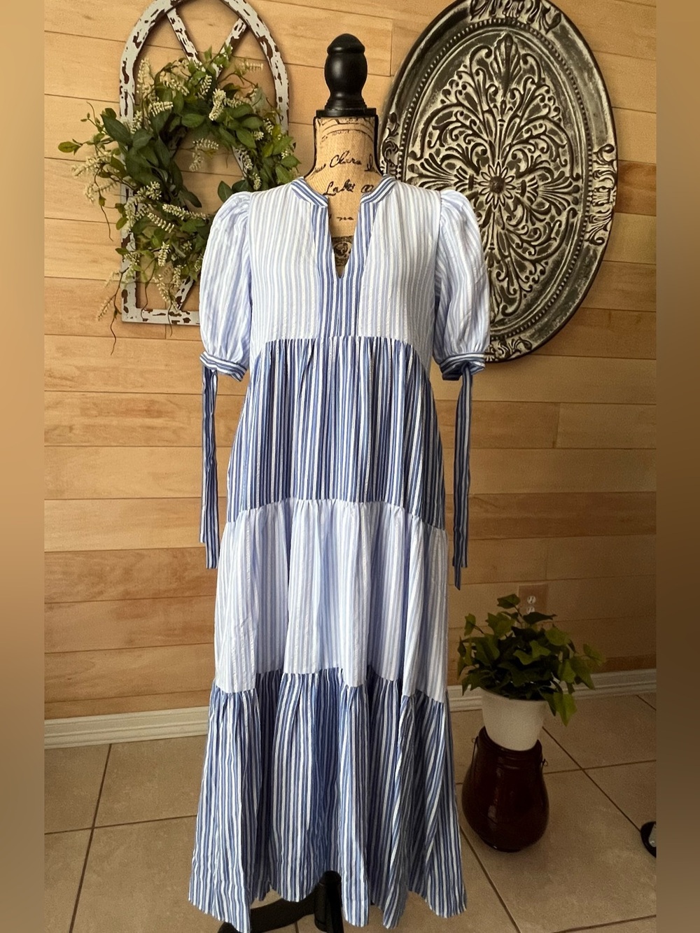 English Factory Blue and White Striped Tiered Maxi Dress Size Small